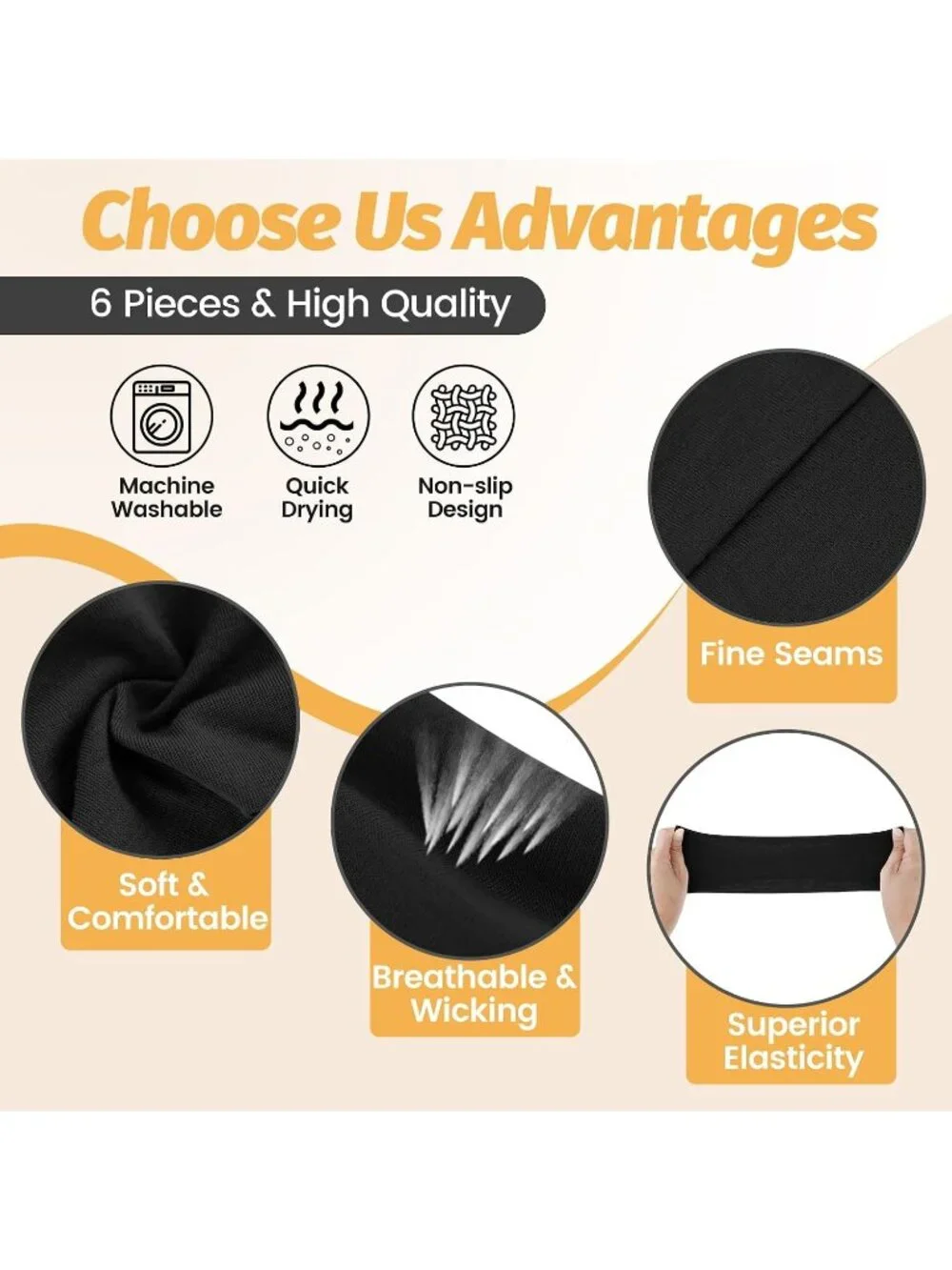 Women Black Elastic 6 Pack Headbands Stretchy Sports Sweatbands Hair Accessories